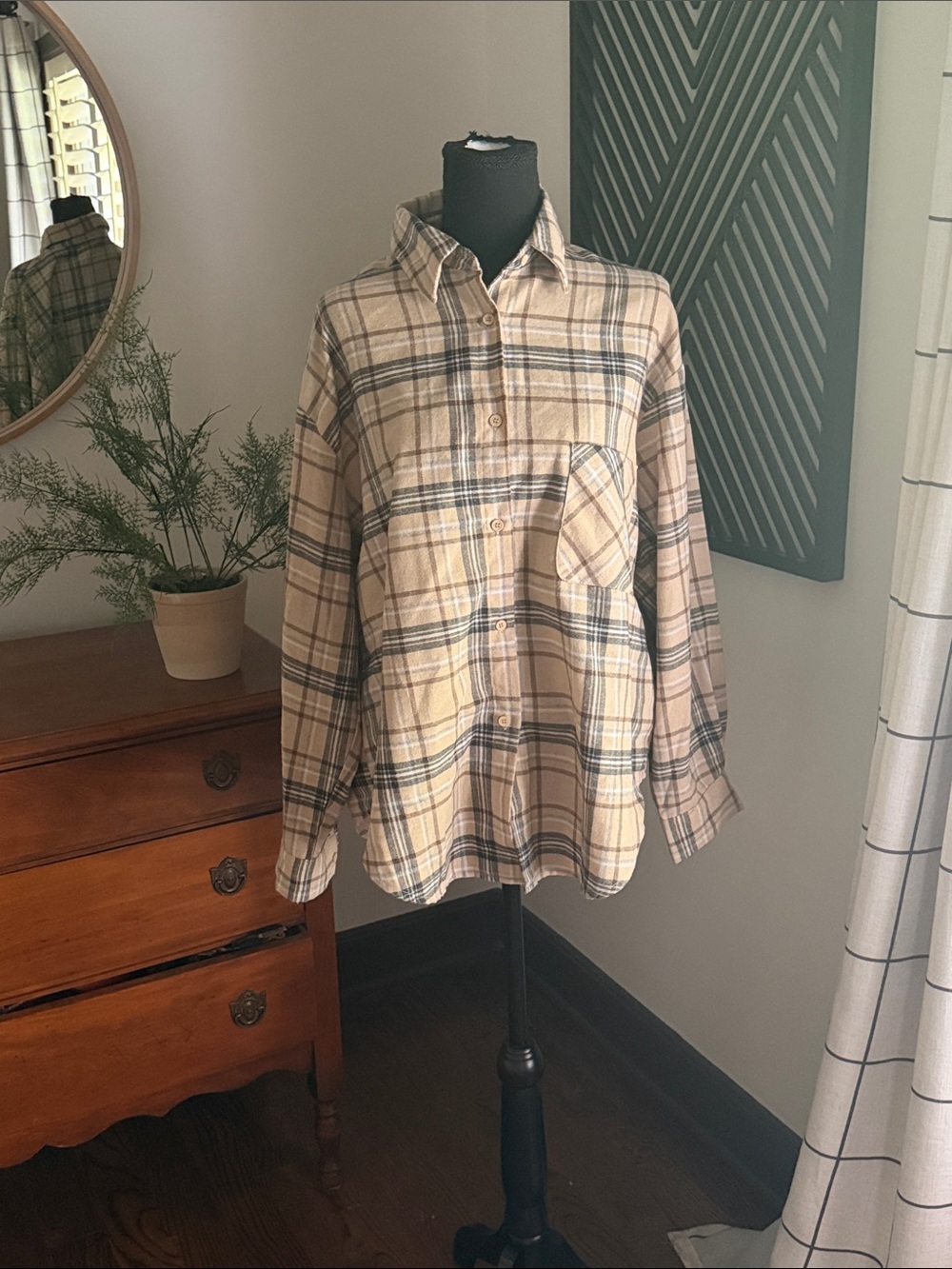 Sans Souci Beige Plaid Button-Down Shirt